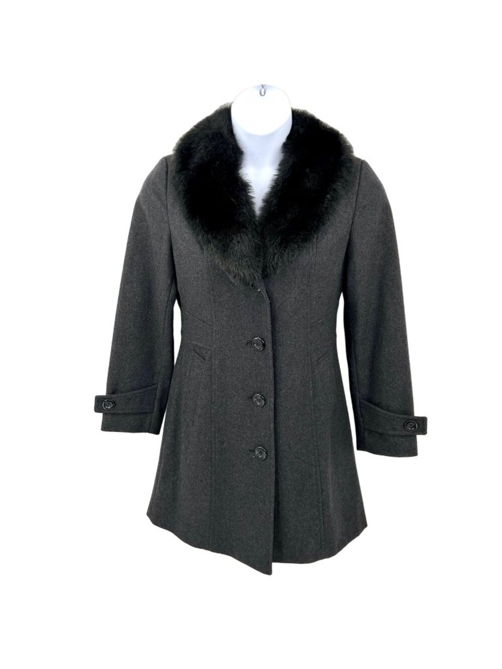 GIACCA DARK GRAY DETACHABLE BLACK FAUX FUR COLLAR WOOL BLEND COAT - S/M